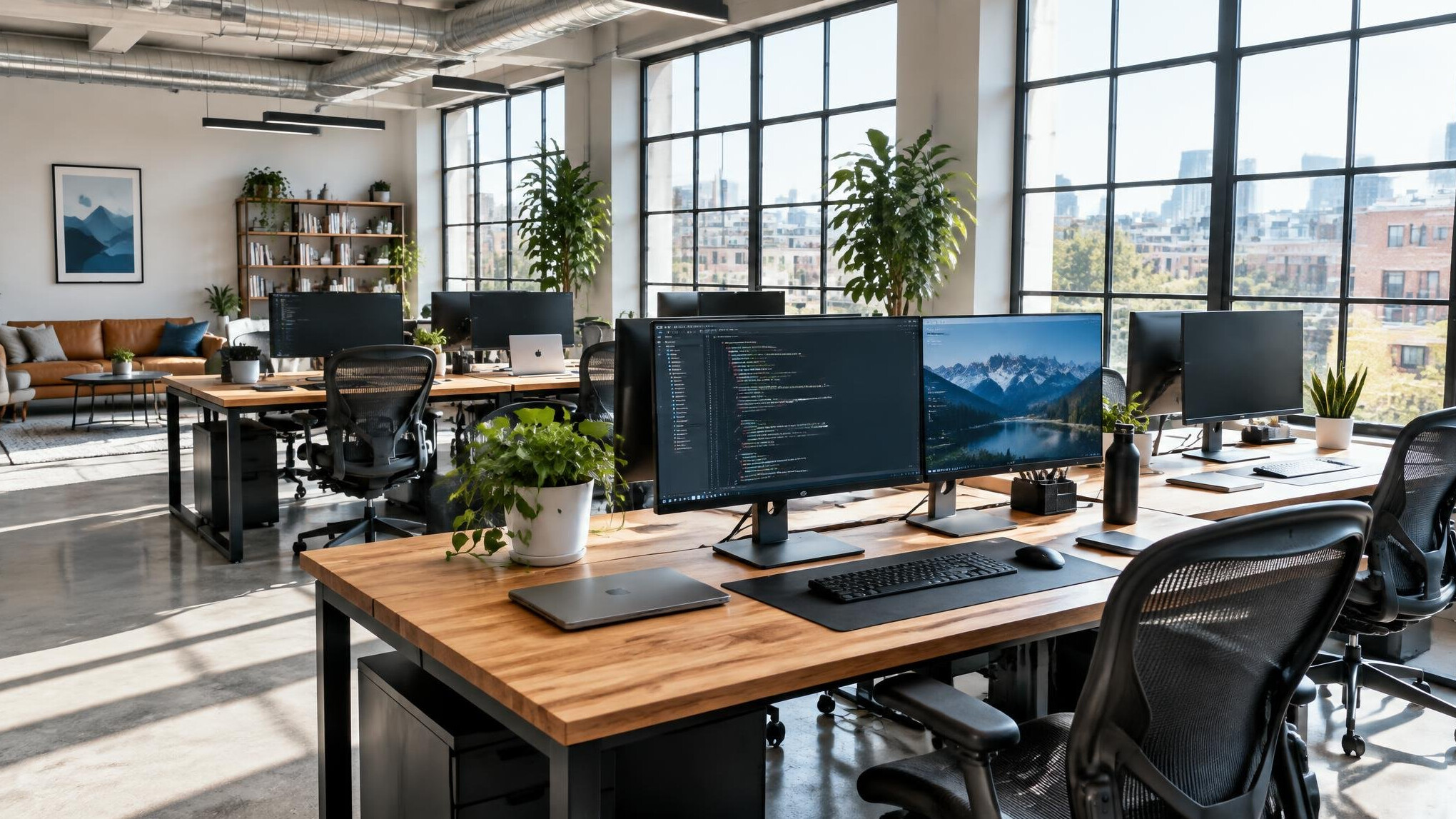 Bright modern open-plan office with desks and large windows