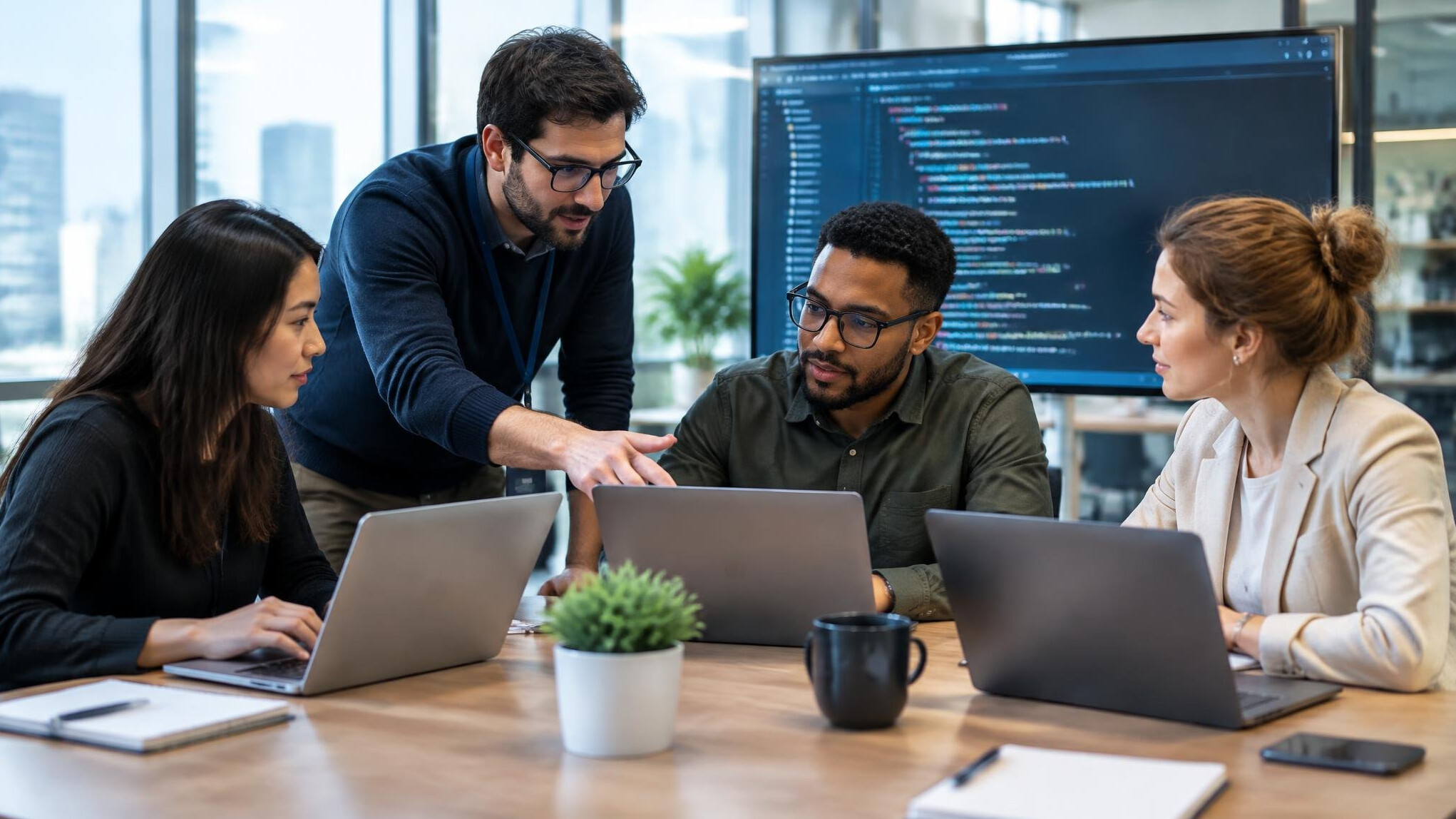 corporate team discussing code